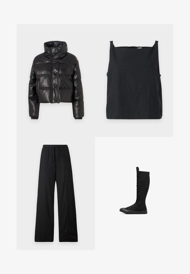 Μαύρο κοντό μπουφάν τύπου puffer από συνθετικό δέρμα, με ψηλό γιακά, κουμπώματα με κλιπ και ραμμένα πάνελ με ελαστικούς κυλίνδρους.; Μαύρη, χωρίς μανίκια μπλούζα από ελαφρύ ύφασμα. Τετράγωνη σχεδίαση με στρογγυλή λαιμόκοψη και λεπτές τιράντες. Λείο υφάδι, ελάχιστες λεπτομέρειες.; Μαύρο παντελόνι φαρδύς γραμμής από ελαφρύ ύφασμα. Διαθέτει ελαστική μέση με κορδόνι. Καθαρός, μινιμαλιστικός σχεδιασμός χωρίς σχέδια.; Μαύρες καμβαδόφερμες μπότες τύπου high-top με στρογγυλή μύτη, φερμουάρ και μπροστινό κορδόνι. Διαθέτουν υφή και καουτσούκ σόλα.