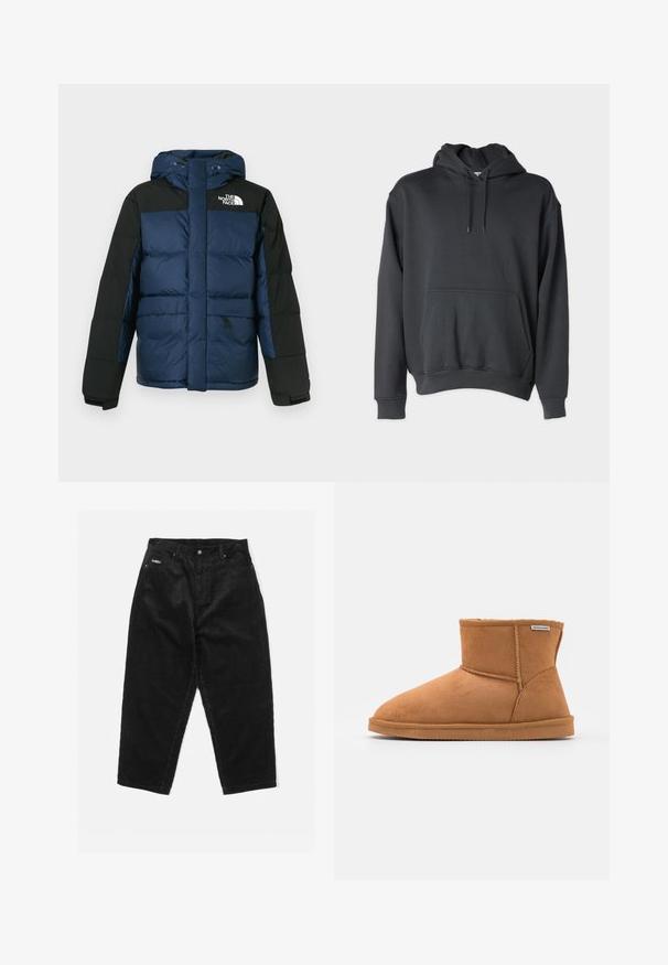 Plava i crna jakna naprslina s kapuljačom, s prednjim patentnim zatvaračem, bočnim džepovima i logotipom na prsima, izrađena od izolacijskog materijala.; Tamno siva dukserica od mekane tkanine, s prednjim džepom, svezicama na kapuljači i rebrastim završecima na rukavima i donjem rubu.; Crne kordura hlače s širokim krojem, visoki struk, prednji džepovi i vidljivo šivanje. Imaju istaknutu teksturu s širokim rebrima.; Smeđe antilop čizme do gležnja s okruglim vrhom, mekim unutarnjim podstavom, šivanim detaljima i gumenenim potplatom. Oznaka branda vidljiva sa strane.