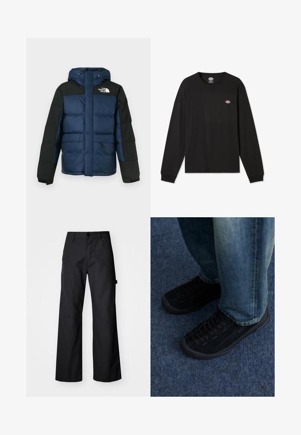 Blue and black puffer jacket with a hood, featuring a front zipper, side pockets, and logo on the chest, made from insulated material.; Black long-sleeve t-shirt in cotton, featuring a small multi-colored Dickies logo on the left chest area and ribbed cuffs.; Black, wide-leg trousers made of durable fabric. Features a button closure and side pockets. Smooth texture with a clean design.; Black suede sneakers with textured surface, subtle lacing, and durable rubber soles, paired with blue denim jeans.