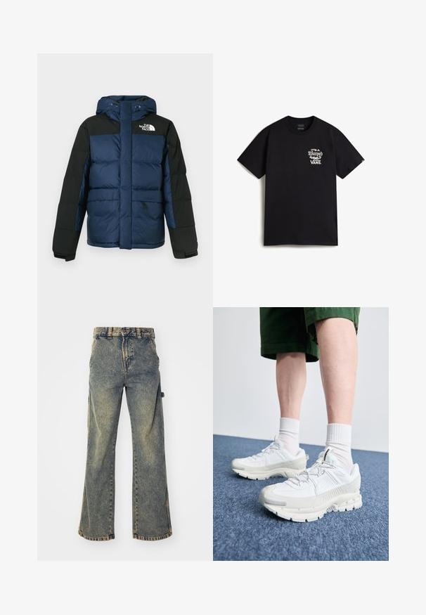 Modrá a černá péřová bunda s kapucí, vybavená předním zipem, bočními kapsami a logem na hrudi, vyrobená z izolačního materiálu.; Černé bavlněné tričko s bílým grafickým textovým designem na levé části hrudi, který zní "Je to zkroucený svět Vans." Klasický střih s kulatým výstřihem.; Džínové kalhoty s vysokým pasem a širokým nohavicím v bledě modrém odstínu, s pěti kapsami, poutky na opasek a surovým lemem s viditelnými švy.; Bílé sportovní boty s texturovanými překryvy, masivní podrážkou a šedými akcenty. Na nohou mají bílé ponožky a zelené šortky na modrém povrchu.