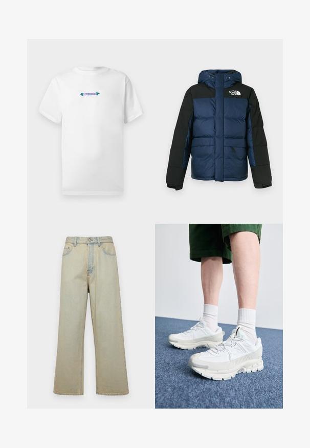 Casaco acolchoado azul e preto com capuz, com fecho éclair frontal, bolsos laterais e logótipo no peito, feito de material isolante.; T-shirt branca em algodão com mangas curtas, apresentando um logótipo gráfico em texto "CLEPTOMANICX" em roxo e verde, centrado no peito.; Jeans de perna larga em azul claro, feitos de denim com um acabamento desbotado. Apresenta cinco bolsos e um fecho de botão na frente.; Sapatos atléticos brancos com sobreposições texturizadas, sola espessa e detalhes em cinza. Usados com meias brancas até ao tornozelo e calções verdes sobre uma superfície azul.