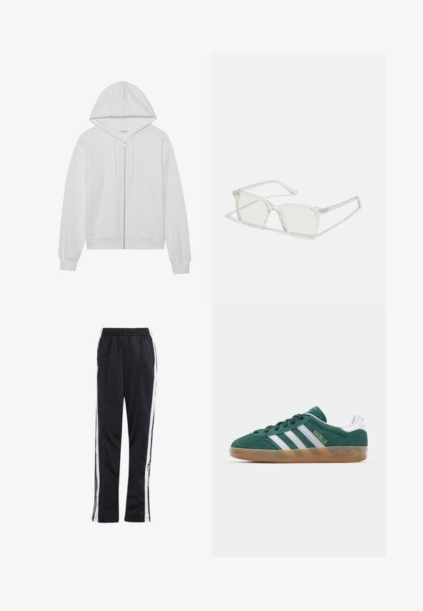 Khaki dubbelbreasted jack met grote revers en gewatteerde voering. Voorzien van zwarte knopen, zijzakken en opgerolde manchetten.; Witte rits-hoodie gemaakt van katoen, met een capuchon, voorzakken en ribgebreide manchetten. Zachte textuur met een eenvoudig, strak ontwerp.; Witte katoenen tanktop met brede schouderbanden, een ronde halslijn en een gladde, geribbelde textuur. Geen patronen of accenten aanwezig.; Zwarte trainingsbroek met witte zijstrepen, elastische tailleband en een logo-patch. Gemaakt van gladde, lichte stof. Ontwerp met rechte broekspijpen.; Groene suède sneaker met witte strepen en gouden "Gazelle"-tekst. Beschikt over een gumzool en een gevoerd kraag voor comfort.; Heldere plastic vierkante monturen met doorzichtige glazen, gekenmerkt door gouden accenten op de slapen voor extra detail.