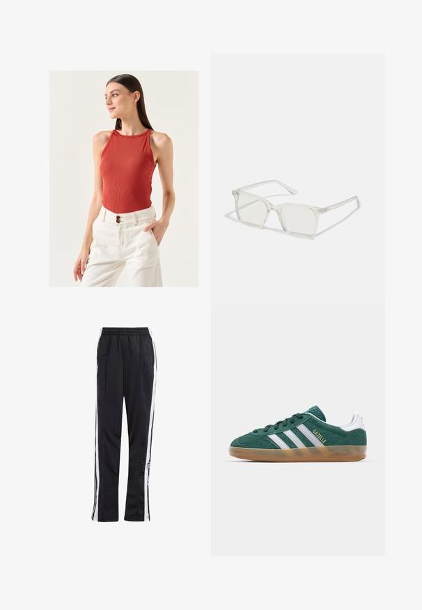 Khakifarbenes, doppelt geknöpftes Jacket mit großen Revers und gestepptem Futter. Verfügt über schwarze Knöpfe, Seitentaschen und umgeschlagene Manschetten.; Jimmy Key SLIM FIT HALTER NECK BASIC TOP - Top - brown; Schwarze Jogginghose mit weißen Seitenstreifen, elastischem Bund und einem Logo-Patch. Hergestellt aus glattem, leichtem Stoff. Gerades Bein-Design.; Grüner Wildledersneaker mit weißen Streifen und goldener "Gazelle"-Schrift. Verfügt über eine Gummisohle und einen gepolsterten Kragen für zusätzlichen Komfort.; Klare, quadratische Kunststoffbrillen mit durchsichtigen Gläsern, die goldene Akzente an den Bügeln für zusätzliche Details aufweisen.