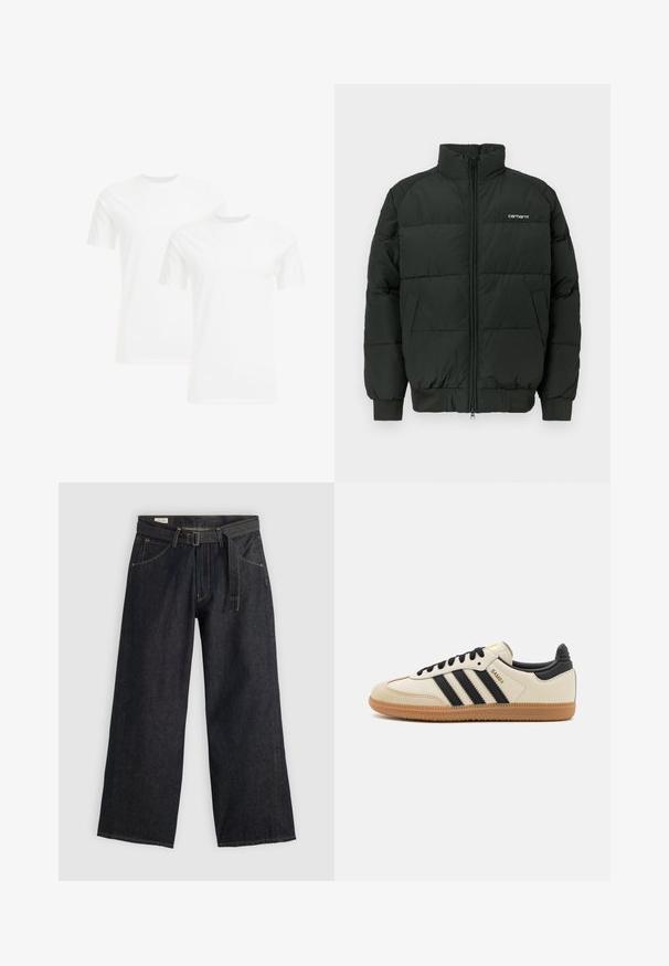 Juodas pūkinis švarkas su aukštu apykakle, užtrauktuku ir raukšlėtais rankogaliais. Yra horizontali siuvinėjimo linija ir mažas logotipas ant krūtinės.; Du du baltos medvilninės marškinėliai trumpomis rankovėmis ir apvaliu kaklu, pasižymintys lygiu tekstūru ir paprastu dizainu, sudėti vertikaliai.; Tamsaus džinsinio audinio plačių kojų kelnės su dirželiu juosmens srityje, turinčios priekinės kišenes ir kontrastingą siuvinėjimą. Sklandus paviršius su tvarkingu dizainu.; Bežiniai sportiniai bateliai su juodomis juostelėmis, guminiu padu ir juodais akcentais. Turi lygų odinį viršutinį sluoksnį ir suapvalintos nosies dizainą.