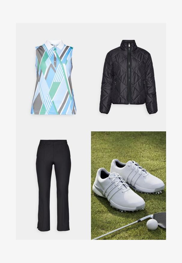 Svart quilted boblejakke med høy krage, frontlås og to sidelommer. Lett materiale med en jevn tekstur.; Ermeløs polo skjorte i blå, grønn og grå abstrakt geometrisk mønster. Har hvit krage og tre-knapps placket. Glatt stoff.; Sorte skreddersydde bukser med rett passform, med frontlommer, subtile sidespalter og et glatt, lett stoff.; Hvite golfsko med syntetisk overdel, teksturerte paneler og snøring. Har fremtredende sålespiker og polstrede innersåler.