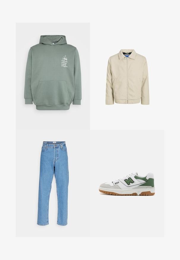 Beige ritsjack met een kraag, twee voorzakken en een rechte snit. Binnenkant heeft een contrasterende blauwe voering. Gemaakt van lichtgewicht stof.; Lichtgroene hoodie gemaakt van zachte stof. Heeft een voorzak, een capuchon met trekkoorden en bedrukt tekst met een grafisch ontwerp op de borst.; Lichtblauwe high-waisted recht gesneden jeans met een voorste knoop, ritssluiting, riemlussen en een vijf-pocket ontwerp op een witte achtergrond.; Witte sneaker met groene accenten, gemaakt van suède en mesh materialen, prominent "550" merklogo en een buitenzool van gumrubber. Klassiek atletisch ontwerp.