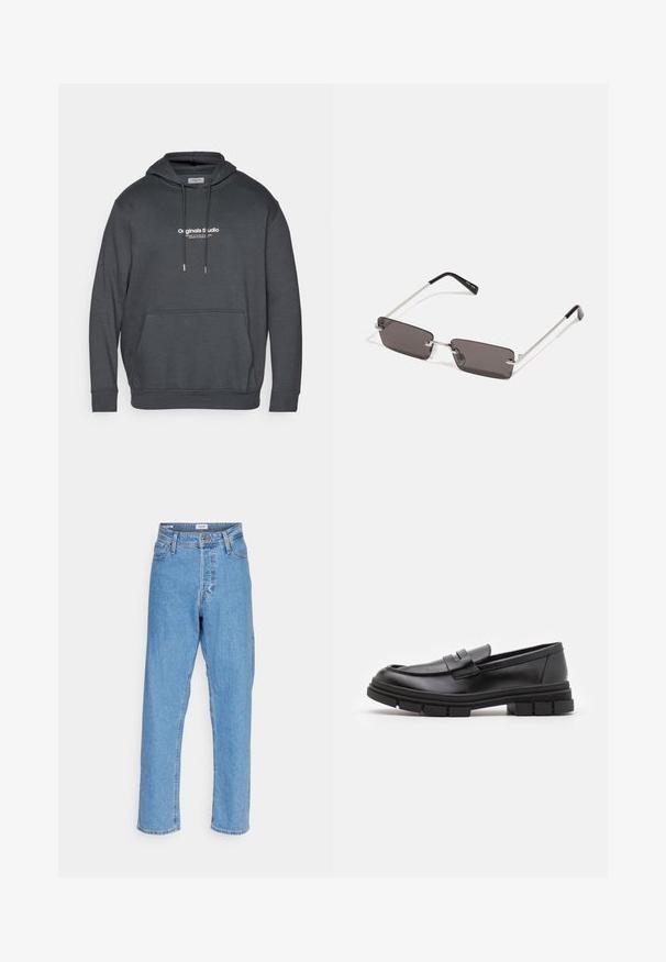 Bežna zip-jakna s ovratnikom, dvema sprednjima žepoma in pravim krojem. Notranjost se ponaša z kontrastnim modrim podlogom. Izdelana je iz lahkega materiala.; Temno siva majica s kapuco, izdelana iz mehke tkanine. Ima kapuco s vrvico, sprednji kenguru žep in belo besedilno logotipko na prsih.; Svijetloplave traperice visokog struka sa ravnim nogavicama, prednjim dugmetom, zatvaranjem na patentni zatvarač, petljama za remen i dizajnom s pet džepova na bijeloj pozadini.; Črne usnjene loafersice z gladkim zaključkom, ki imajo sprednji trak in debel gumijast podplat z utori.; Očala za sonce s pravokotnimi, temno sivimi lečami, srebrnimi kovinskimi okvirji in črnimi plastičnimi konicami na ročajih. Lahka zasnova z nosnimi blazinicami.