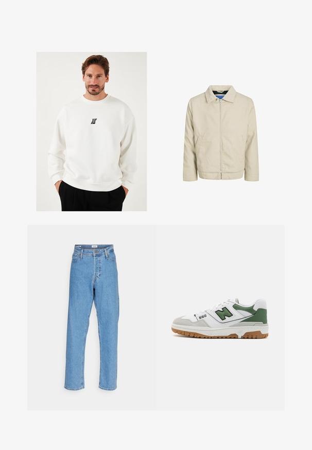 Beige Zip-Jacke mit Kragen, zwei Vorderentaschen und geradem Schnitt. Das Innere hat einen kontrastierenden blauen Futter. Hergestellt aus leichtem Stoff.; Weißes Sweatshirt mit einem kleinen schwarzen Logo auf der Brust, Rundhalsausschnitt und lässiger Passform, aus weichem Stoff gefertigt.; Helle blaue, hoch-taillierte, gerade Jeans mit vorderem Knopf, Reißverschluss, Gürtelschlaufen und Fünf-Taschen-Design auf weißem Hintergrund.; Weißer Sneaker mit grünen Akzenten, aus Wildleder und Mesh-Materialien, mit markantem "550"-Branding und einer Gummirauledersohle. Klassisches sportliches Design.