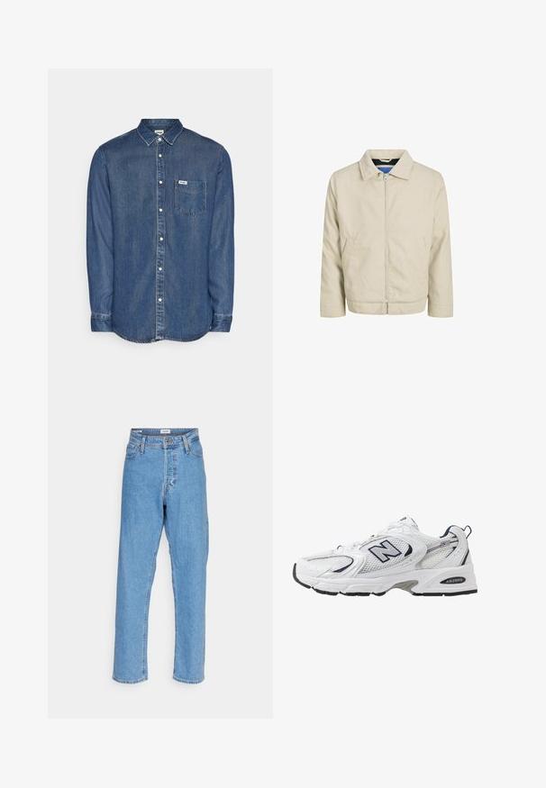 Giacca beige con zip, colletto, due tasche frontali e untaglio dritto. L'interno presenta una fodera blu a contrasto. Realizzata in tessuto leggero.; Camicia in denim chiusa da bottoni di colore blu scuro. Presenta un colletto, maniche lunghe, una tasca sul petto e bottoni bianchi. Dettagli di cucitura lungo i bordi.; Jeans a vita alta, dritti, di colore blu chiaro, con chiusura frontale a bottone e zip, passanti per cintura e design a cinque tasche su sfondo bianco.; Scarpa sportiva bianca con tomaia in mesh, dettagli in blu marino e suola imbottita. Presenta il logo "N", lacci e dettaglio texturizzato sul lato.