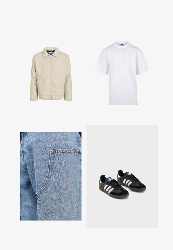Jachetă crem cu fermoar și guler, două buzunare frontale și croială dreaptă. Interiorul are un căptușel albastru în contrast. Fabricată dintr-un material ușor.; Tricou alb din bumbac, cu guler rotund, mâneci scurte și croială lejeră. Dispune de un design simplu, fără modele sau accente.; Jeans din denim de un albastru deschis, cu cusături contrastante, având un buzunar frontal accentuat de rivete metalice și un finisaj moale și texturat.; Tenisi negri cu superior din suede și sintetic, având trei dungi albe, talpă din cauciuc texturat și etichetă albastră cu logo pe limbă.