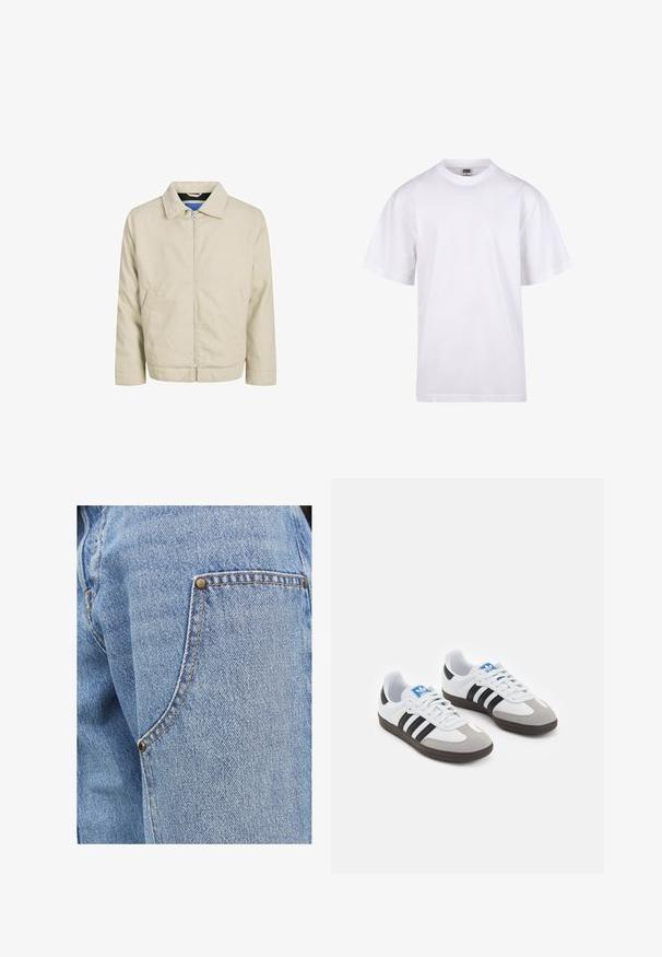 Bež kapuutsiga jakk, millel on kaks esist pocketit ja sirge lõige. Siseosa on kontrastse sinise voodriga. Valmistatud kergest kangast.; Valge puuvillane t-särk ümmarguse kaeluse, lühikeste varrukate ja lõdva lõikega. Omab lihtsat disaini ilma mustrite või aktsendita.; Heled sinine teksapüksid kontrastõmblustega, millel on eesmine tasku, millele on lisatud metallist nuppe, ja pehme, tekstuuriga pind.; Spordijalatsid valge nahkpealsega, halli nubuk-naha otsaga ja kolme musta triibuga. Omab sinist logo keele peal ja struktureeritud kummitalda.