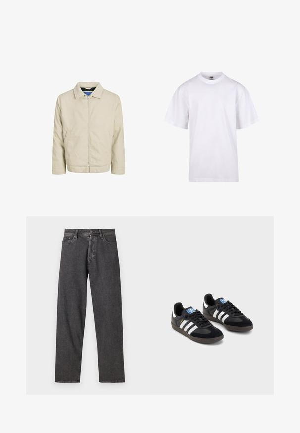 Beige ritsjack met een kraag, twee voorzakken en een rechte snit. Binnenkant heeft een contrasterende blauwe voering. Gemaakt van lichtgewicht stof.; Witte katoenen t-shirt met een ronde hals, korte mouwen en een relaxte pasvorm. Heeft een eenvoudig ontwerp zonder patronen of accenten.; Zwarte denim jeans met een rechte pasvorm, vijf-pocket ontwerp en subtiele vervaging. Voorzien van een knoopsluiting en riemlussen.; Zwarte sneakers met een bovenwerk van suède en synthetisch materiaal, voorzien van drie witte strepen, een gestructureerde rubberen zool en een blauw logo-label op de tong.