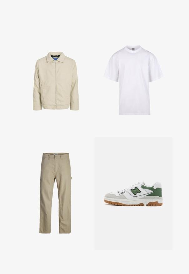 Chaqueta beige con cremallera, cuello, dos bolsillos frontales y corte recto. El interior presenta un forro azul en contraste. Está confeccionada con tejido ligero.; Camiseta blanca de algodón con cuello redondo, mangas cortas y un corte relajado. Presenta un diseño liso sin patrones ni detalles.; Pantalones de algodón beige con un diseño de pierna recta, que cuentan con un cierre delantero de botón, presillas para cinturón y un bolsillo lateral tipo cargo. Textura suave.; Zapatilla blanca con acentos verdes, materiales de ante y malla, destacada marca "550" y suela de goma. Diseño atlético clásico.