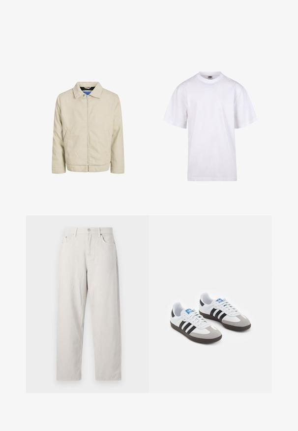 Beige zip-up jacket with a collar, two front pockets, and a straight cut. Interior features contrasting blue lining. Made from lightweight fabric.; White cotton t-shirt with a crew neckline, short sleeves, and a relaxed fit. Features plain design without patterns or accents.; Light beige high-waisted jeans in a straight-leg design. Made of thick cotton fabric with prominent front pockets and a single metal button.; Sport shoes with a white leather upper, gray suede toe, and three black stripes. Features a blue logo on the tongue and a textured rubber sole.