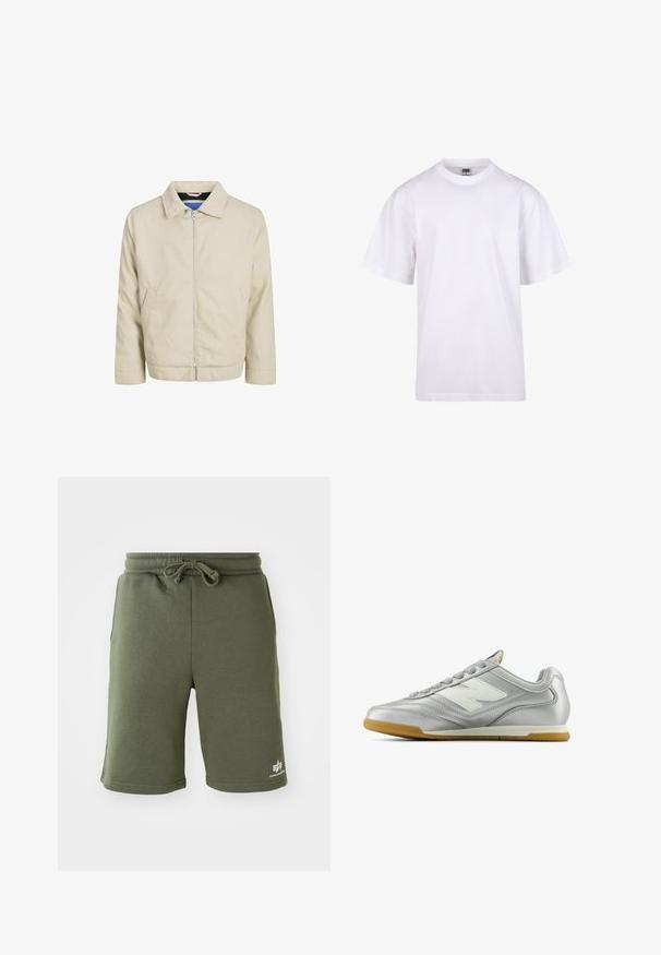 Beige zipovací bunda s límcem, dvěma předními kapsami a rovným střihem. Interiér má kontrastní modrou podšívku. Vyrobena z lehké tkaniny.; Bílé bavlněné tričko s kulatým výstřihem, krátkými rukávy a volným střihem. Má jednoduchý design bez vzorů nebo akcentů.; Olivové kraťasy vyrobené z hebkého materiálu, s elastickým pasem na šňůrku, bočními kapsami a potištěným logem na dolní pravé straně.; Stříbrná sportovní obuv s hladkým, lesklým povrchem, bílým logem na boku, texturovanými šedými tkaničkami a podešví z gumové pryže.