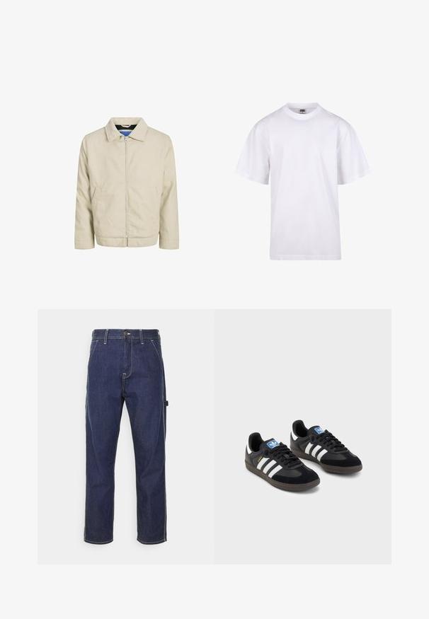 Chaqueta beige con cremallera, cuello, dos bolsillos frontales y corte recto. El interior presenta un forro azul en contraste. Está confeccionada con tejido ligero.; Camiseta blanca de algodón con cuello redondo, mangas cortas y un corte relajado. Presenta un diseño liso sin patrones ni detalles.; Pantalones cargo de mezclilla azul oscuro con costuras amarillas, bolsillos laterales y un diseño de corte recto. Cuenta con cierre de botón y cremallera.; Zapatillas negras con un upper de ante y sintético, con tres rayas blancas, suela de goma texturizada y etiqueta de logo azul en la lengüeta.