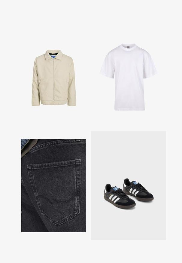 Jachetă crem cu fermoar și guler, două buzunare frontale și croială dreaptă. Interiorul are un căptușel albastru în contrast. Fabricată dintr-un material ușor.; Tricou alb din bumbac, cu guler rotund, mâneci scurte și croială lejeră. Dispune de un design simplu, fără modele sau accente.; Jeans din denim negru cu un buzunar din spate cu detalii subtile de cusătură. Textura este ușor uzată, având un finisaj moale și estompat.; Tenisi negri cu superior din suede și sintetic, având trei dungi albe, talpă din cauciuc texturat și etichetă albastră cu logo pe limbă.