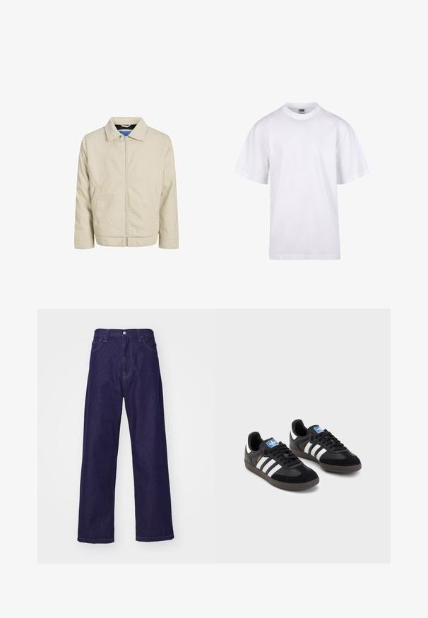 Bež jakna sa zipom, s kragnom, dva prednja džepa i ravnim krojem. Unutrašnjost ima kontrastnu plavu podstavu. Napravljena od laganog materijala.; Bijela pamučna majica s okruglim izrezom, kratkim rukavima i opuštenim krojem. Ima jednostavan dizajn bez uzoraka ili akcenta.; Tamno plave traperice širokih nogavica s visokim strukom, s prednjim džepovima i kopčanjem na dugme, pokazujući glatku i čvrstu teksturu.; Crne tenisice s gornjim dijelom od antilopa i sintetičkog materijala, s tri bijele pruge, teksturiranom gumenom potplatom i plavom oznakom na jeziku.