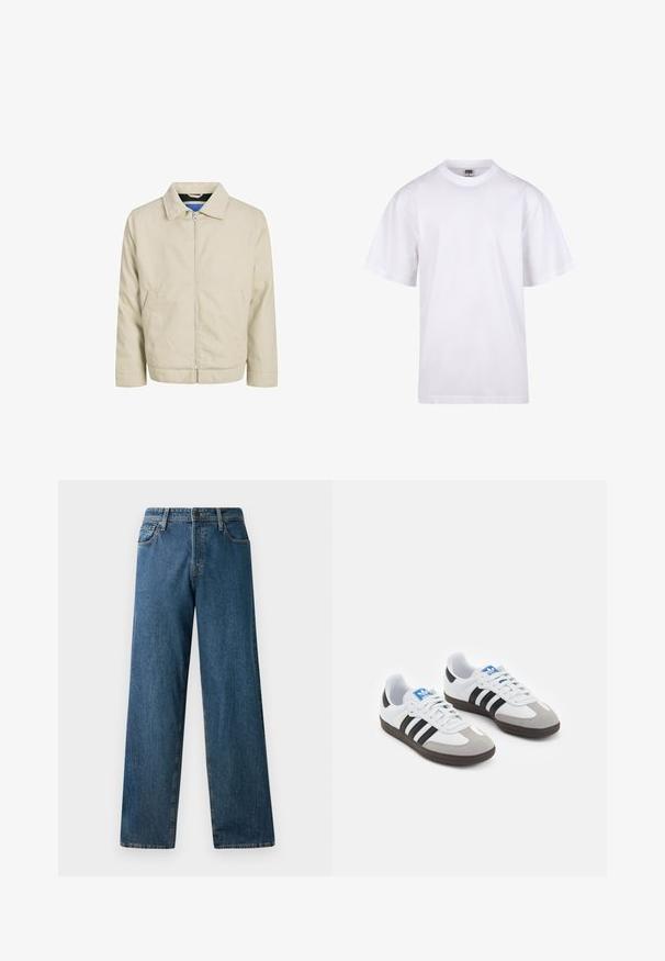 Bež kapuutsiga jakk, millel on kaks esist pocketit ja sirge lõige. Siseosa on kontrastse sinise voodriga. Valmistatud kergest kangast.; Valge puuvillane t-särk ümmarguse kaeluse, lühikeste varrukate ja lõdva lõikega. Omab lihtsat disaini ilma mustrite või aktsendita.; Tumedad sinine teksased, millel on mugav istuvus, sirged jalad, viis taskut ja kontrastne õmblemine. Esipaneelil on nupuga ja lukuga kinni minek.; Spordijalatsid valge nahkpealsega, halli nubuk-naha otsaga ja kolme musta triibuga. Omab sinist logo keele peal ja struktureeritud kummitalda.