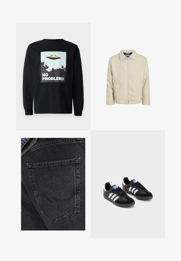 Beige Zip-Jacke mit Kragen, zwei Vorderentaschen und geradem Schnitt. Das Innere hat einen kontrastierenden blauen Futter. Hergestellt aus leichtem Stoff.; Schwarzes Langarm-T-Shirt mit einem Grafikmotiv eines fliegenden Untertellers über Bäumen und dem Text "NO PROBLEMO" in fetten weißen Buchstaben.; Schwarze Denim-Jeans mit einer Gesäßtasche und subtilen Nähdetails. Die Textur ist leicht abgenutzt mit einem weichen, verblassten Finish.; Schwarze Sneaker mit einem Obermaterial aus Wildleder und Synthetik, ausgestattet mit drei weißen Streifen, einer strukturierten Gummi-Sohle und einem blauen Logo-Tag auf der Zunge.