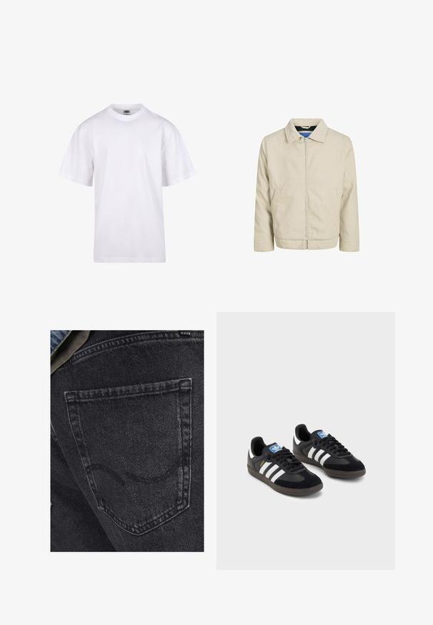 Chaqueta beige con cremallera, cuello, dos bolsillos frontales y corte recto. El interior presenta un forro azul en contraste. Está confeccionada con tejido ligero.; Camiseta blanca de algodón con cuello redondo, mangas cortas y un corte relajado. Presenta un diseño liso sin patrones ni detalles.; Jeans de mezclilla negros con un bolsillo trasero que presenta sutiles detalles de costura. La textura es ligeramente desgastada con un acabado suave y desvaído.; Zapatillas negras con un upper de ante y sintético, con tres rayas blancas, suela de goma texturizada y etiqueta de logo azul en la lengüeta.