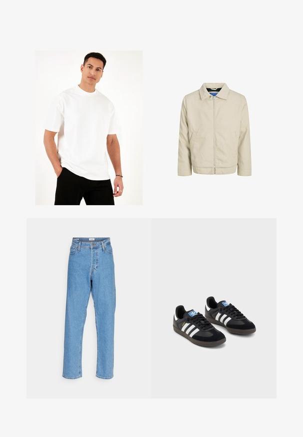 Bežs jaku ar rāvējslēdzēju, ar apkakli, divām priekšējām kabatām un taisnu griezumu. Iekšpuse ir ar kontrastējošu zilu oderi. Izgatavota no viegla auduma.; Balta apgriezta kakla T-kreklu, kas izgatavots no viegla kokvilnas. Īsās piedurknes, brīvs piegriezums un gludas šuves. Valkāts ar melnām biksēm, rokas kabatās.; Gaiši zils augstā jostasvietā taisna kāja džinsi ar priekšējo pogu, rāvējslēdzēja aizdari, jostu cilpām un piecu kabatu dizainu uz balta fona.; Melnas sporta apavas ar zamšādas un sintētisku augšdaļu, ar trim baltām svītrām, teksturētu gumijas zoli un zilu logo birku uz mēles.