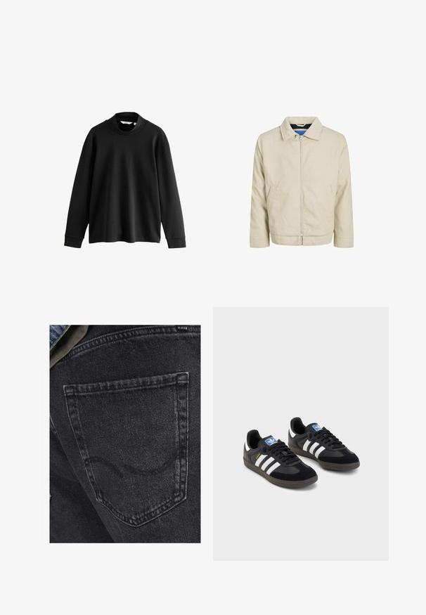 Jachetă crem cu fermoar și guler, două buzunare frontale și croială dreaptă. Interiorul are un căptușel albastru în contrast. Fabricată dintr-un material ușor.; Hanorac negru cu mâneci lungi și guler înalt, realizat dintr-un material moale, cu umeri lăsați și manșete ribbate pentru o potrivire lejeră.; Jeans din denim negru cu un buzunar din spate cu detalii subtile de cusătură. Textura este ușor uzată, având un finisaj moale și estompat.; Tenisi negri cu superior din suede și sintetic, având trei dungi albe, talpă din cauciuc texturat și etichetă albastră cu logo pe limbă.