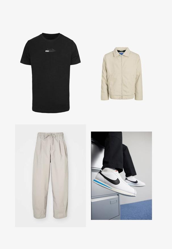 Bežs jaku ar rāvējslēdzēju, ar apkakli, divām priekšējām kabatām un taisnu griezumu. Iekšpuse ir ar kontrastējošu zilu oderi. Izgatavota no viegla auduma.; Melna kokvilnas T-kreklu ar īsām piedurknēm un apaļu kakla izgriezumu. Uz krūšu daļas ir balts drukāts teksts, tostarp vārds "TAURENIS."; Beige, viegla auduma bikses ar elastīgu jostu un auklu. Iespējas - krokas un brīvs piegriezums, izgatavotas no mīksta, gluda auduma.; Baltas ādas sporta apavi ar melnu Nike zīmi, gaiši zilu un pelēku gumijas zoli un klasisku auklu dizainu. Kājām atpūšoties uz dokumentu skapja.