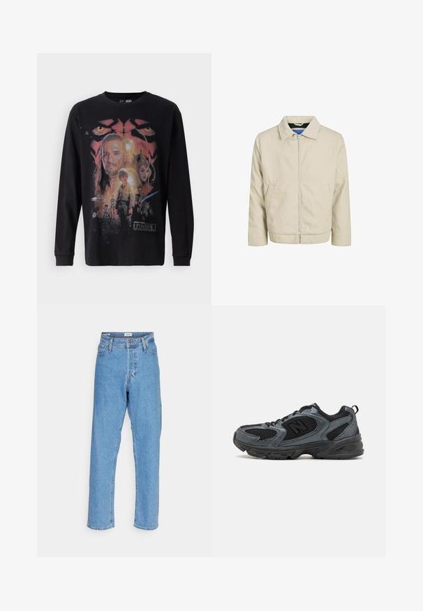 Bež kapuutsiga jakk, millel on kaks esist pocketit ja sirge lõige. Siseosa on kontrastse sinise voodriga. Valmistatud kergest kangast.; Must musta-särgid musta pikkade varrukatega, millel on värvikas graafiline trükk filmist "Tähtede sõda: Osa I - Phantom Menace", kus on erinevad tegelased ja detailid.; Heled sinised kõrge vöökoha sirged teksad eesnupu ja lukuga, vööloopide ja viie-tasku disainiga valge tausta ees.; Mustad ja hallid sportlikud kingad, millel on tekstureeritud võrkmaterjalist pealmine osa, kummist tallad ja toetav disain. Omab logo ja sidumisüsteemi.