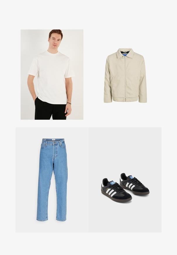 Beige Zip-Jacke mit Kragen, zwei Vorderentaschen und geradem Schnitt. Das Innere hat einen kontrastierenden blauen Futter. Hergestellt aus leichtem Stoff.; Weißes kurzärmliges T-Shirt aus Baumwolle, mit Rundhalsausschnitt und lockerer Passform. Getragen mit schwarzen Hosen, einfarbig, ohne Muster.; Helle blaue, hoch-taillierte, gerade Jeans mit vorderem Knopf, Reißverschluss, Gürtelschlaufen und Fünf-Taschen-Design auf weißem Hintergrund.; Schwarze Sneaker mit einem Obermaterial aus Wildleder und Synthetik, ausgestattet mit drei weißen Streifen, einer strukturierten Gummi-Sohle und einem blauen Logo-Tag auf der Zunge.