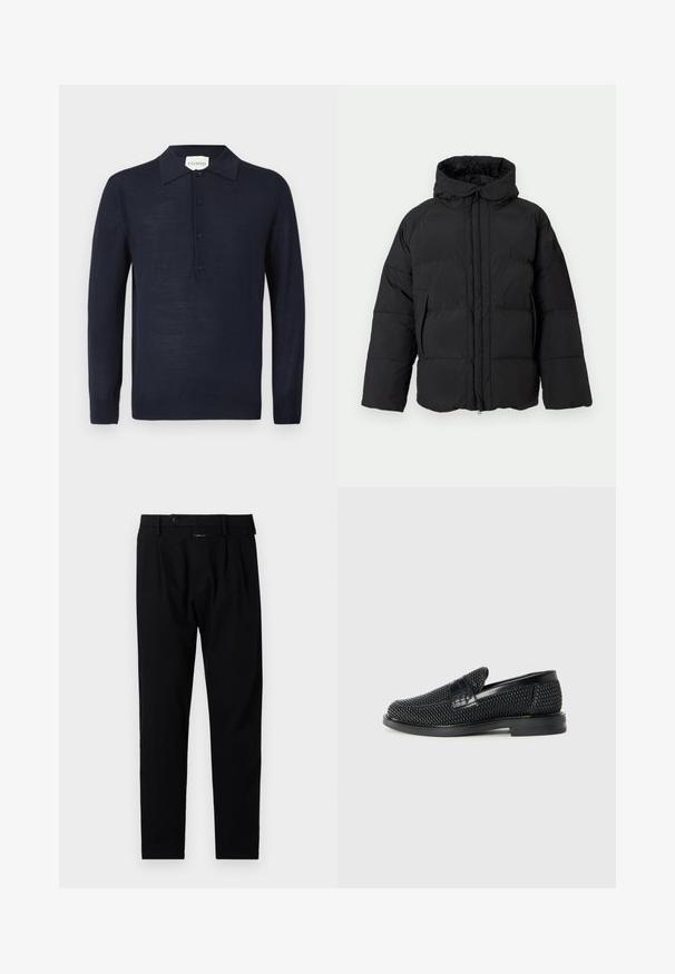 Zwarte pufferjack met capuchon, voorzien van een ritssluiting aan de voorkant, brede mouwen, gestikt patroon en twee zijzakken voor warmte en comfort.; Marineblauwe lange mouwen polo trui met knoopsluiting en geribde manchetten, weergegeven op een witte achtergrond.; Zwarte broek met een getailleerde pasvorm, voorzien van een vlakke voorkant, enkele plooien en een knoopsluiting. Gemaakt van een gladde stof, geschikt voor formele gelegenheden.; Zwartegeweven instap schoenen met een glad leren accent aan de bovenkant, een ronde neusontwerp en een laag profiel rubberen zool.