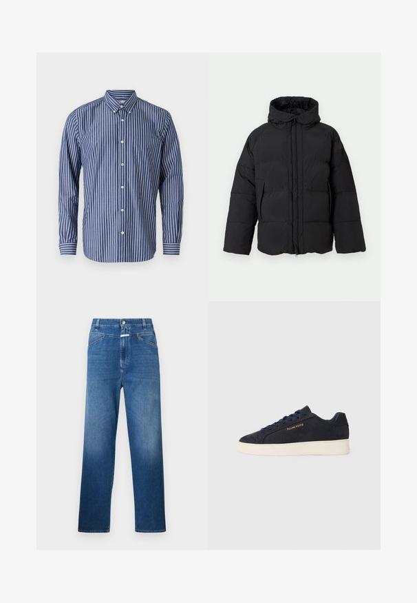 Mustan värvi puffertakjak, millel on kapuuts, tõmblukuga ees, laiad varrukad, tikandid ning kaks küljetaskut sooja ja mugavuse tagamiseks.; Sinine ja valge triibuline särk, millel on krae, pikad varrukad, klapiga tasku ja valged nupud.; Sinine teksariie sirge lõikega, varustatud nööpkinni, vöökandjate ja õrnalt pleekinud kohtadega reie piirkonnas.; Tumedat sinine seemisnahast madala profiiliga tennis, valge tossutald, tumesinised paelad ning küljes kuldne "Filling Pieces" logo.