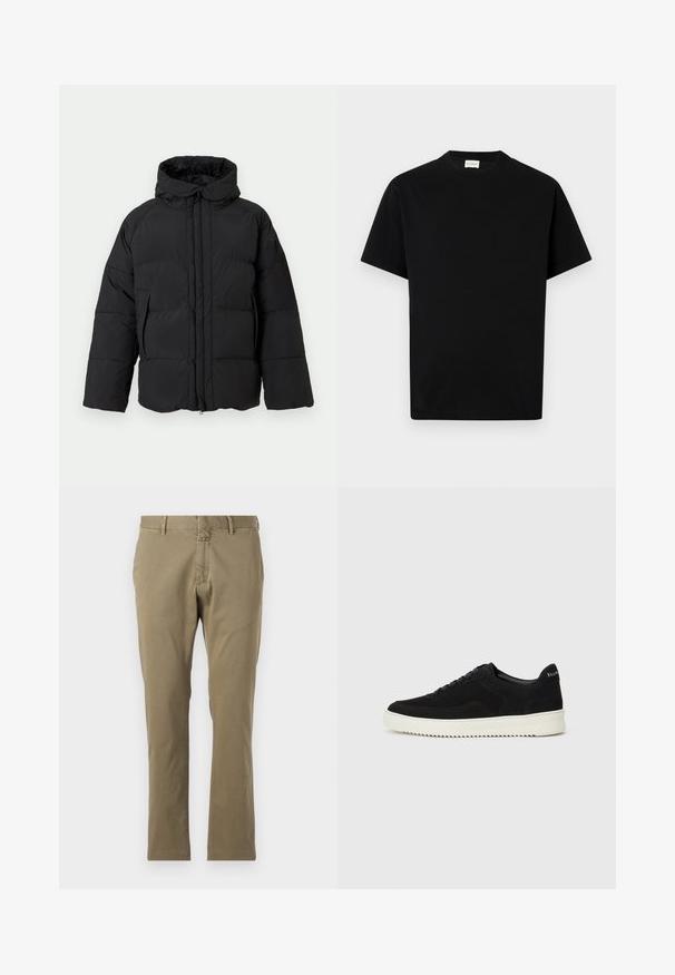 Svart puffjacka med huva, med dragkedja framtill, vida ärmar, quiltat mönster och två sidofickor för värme och bekvämlighet.; Svart bomulls t-shirt med rund halsringning, korta ärmar och rak skärning. Inga synliga mönster eller detaljer i hårdvara.; Kakifärgade byxor i en blandning av bomull, med platt front, Klassisk passform, raka ben, bältesöglor och dragkedja.; Svarta mockaskor med snörningsdesign och kontrasterande vita gummisulor. Har texturerade sidopaneler och diskret branding på hälen.