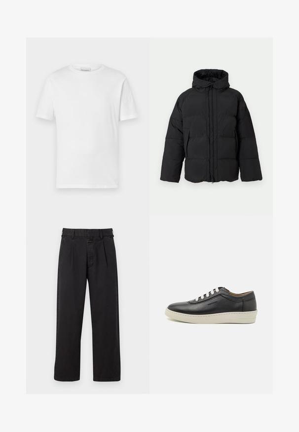 Chaqueta acolchada negra con capucha, con cierre frontal de cremallera, mangas anchas, patrón acolchado y dos bolsillos laterales para mayor calidez y comodidad.; Camiseta blanca de manga corta hecha de algodón. Presenta un escote redondo y un dobladillo recto. Sin patrones ni adornos. Diseño simple.; Pantalones de algodón negros de corte recto, con un frente plisado, presillas para el cinturón y cierre de botón. Textura suave sin patrones.; Zapatillas de cuero negro con una suela de goma blanca, punta redonda y cordones planos, detalles de costura lateral y un logotipo discreto.