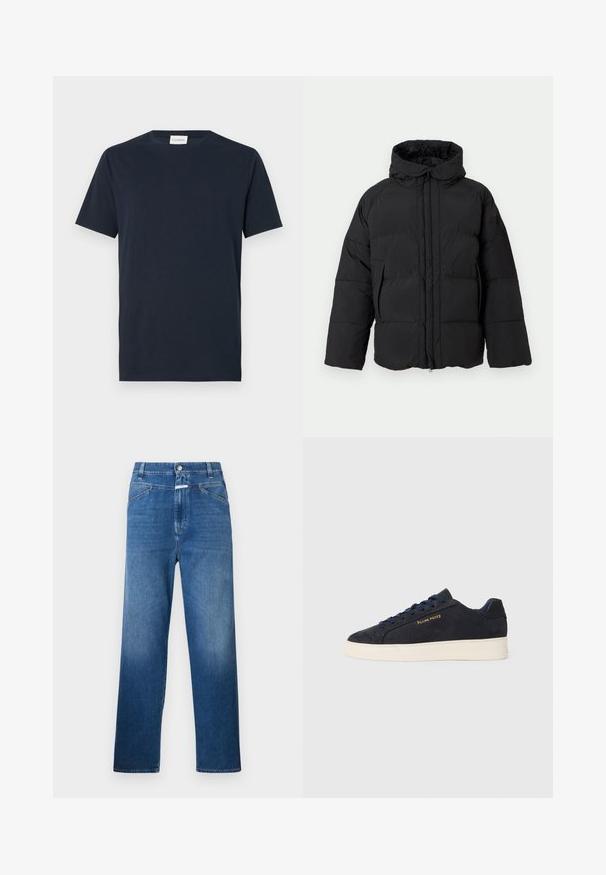 Black puffer jacket with a hood, featuring a zip front, wide sleeves, quilted pattern, and two side pockets for warmth and comfort.; Navy blue short-sleeve T-shirt made from soft cotton. Features a crew neckline and a simple, clean design without patterns or accents.; Blue denim jeans with a straight-leg cut, featuring a button closure, belt loops, and subtle fading on the thighs.; Navy blue suede low-top sneaker with white sole, navy laces, and "Filling Pieces" logo in gold on the side.
