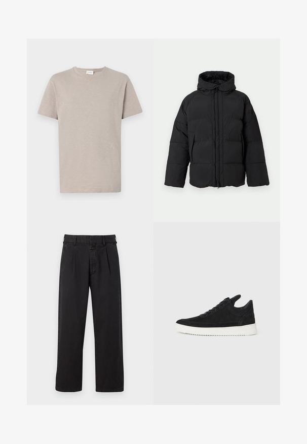 Czarna kurtka puchowa z kapturem, z zapięciem na zamek z przodu, szerokimi rękawami, pikowanym wzorem i dwoma bocznymi kieszeniami dla ciepła i komfortu.; Jasno beżowy t-shirt z krótkim rękawem z miękkiego, teksturowanego materiału. Posiada okrągły dekolt oraz delikatny detal z logo blisko dołu.; Czarne bawełniane spodnie o prostym kroju, z plisowanym przodem, paskami na pasek i zapięciem na guzik. Gładka tekstura bez wzorów.; Czarne zamszowe sneakersy z białą gumową podeszwą, z tonalnym przeszyciem i sznurowanym zapięciem. Gładka tekstura, nowoczesny, smukły kształt.