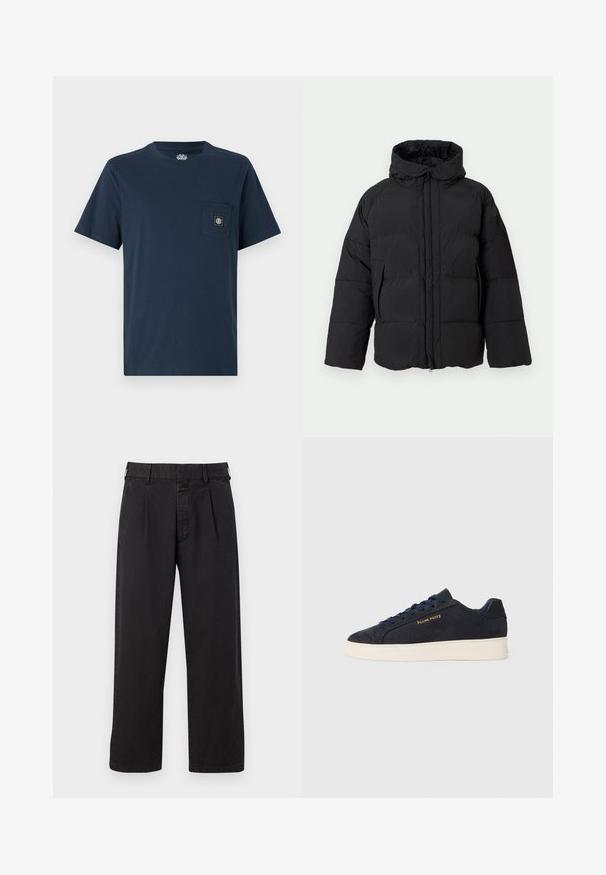 Black puffer jacket with a hood, featuring a zip front, wide sleeves, quilted pattern, and two side pockets for warmth and comfort.; Navy blue cotton t-shirt with short sleeves, crew neck, and a chest pocket featuring a square logo patch. Smooth texture, casual design.; Black cotton trousers with a straight cut, featuring a pleated front, belt loops, and a button closure. Smooth texture without patterns.; Navy blue suede low-top sneaker with white sole, navy laces, and "Filling Pieces" logo in gold on the side.
