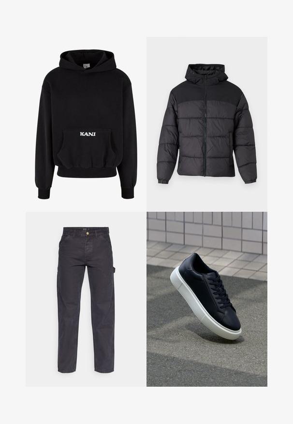Zwarte pufferjack met een capuchon, voorzien van een rits aan de voorkant, elastische manchetten en een gequilt ontwerp. Het bovenste gedeelte is van gladde stof.; Zwarte hoodie van een katoenmix, met een frontzak en witte letters "KANI" op de zak. Ribgebreide zoom en manchetten.; Donkergrijze cargobroek van duurzaam materiaal, met een rechte pijp, vijf zakken en een knoopsluiting in de taille.; Zwarte leren sneaker met een ronde neus en een witte rubberen zool. Voorzien van platte veters en minimale stiksels op het bovenwerk. Textuurrijke zool voor grip.