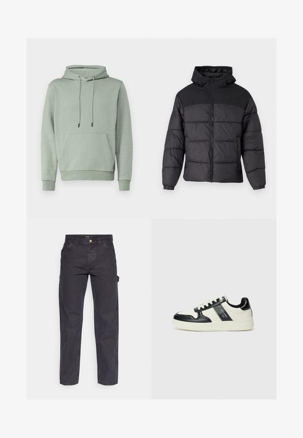 Chaqueta acolchada negra con capucha, con cierre de cremallera en la parte delantera, puños elásticos y un diseño acolchado. La parte superior es de tejido liso.; Jack & Jones JJEBRADLEY - Sudadera - iceberg green; Pantalones cargo de color gris oscuro, confeccionados con un tejido duradero, que presentan un corte recto, cinco bolsillos y un cierre de botón en la cintura.; Zapatillas de cuero con un esquema de colores negro y crema, que cuentan con acentos perforados, un collar acolchado y una suela texturizada.