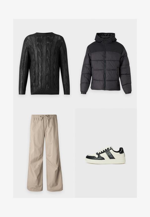 Svart puffjakke med hette, med glidelås foran, elastiske mansjetter og quiltet design. Øvre del har glatt stoff.; Svart strikket genser med flettemønster, lange ermer og rund hals, vist bakfra mot en enkel bakgrunn.; Beige vide bukser med elastisk talje og snøre. Glat tekstur, to sidelommer og minimale syninger for en afslappet pasform.; Lædersneakers med sort og creme farveskema, der har perforerede detaljer, en polstret krave og en struktureret ydersål.