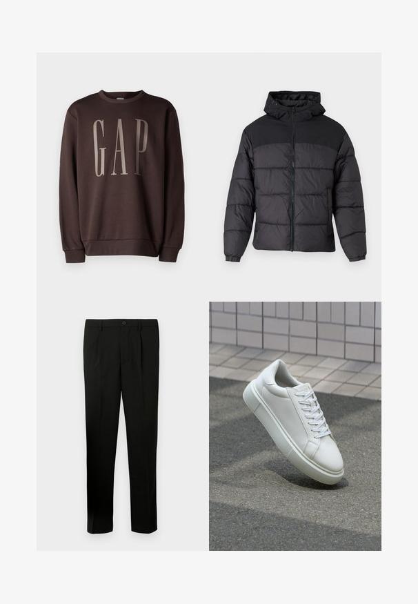 Svart puffjakke med hette, med glidelås foran, elastiske mansjetter og quiltet design. Øvre del har glatt stoff.; GAP Sweatshirt - terra brown; Svarte skreddersydde bukser med flat foran, to folder, knappelukking, sidelommer og rette ben. Laget av et glatt stoff.; Hvit lær sneaker med glatt overflate, rund tå og flate hvite snøringer. Har en teksturert gummisåle og minimale design elementer.