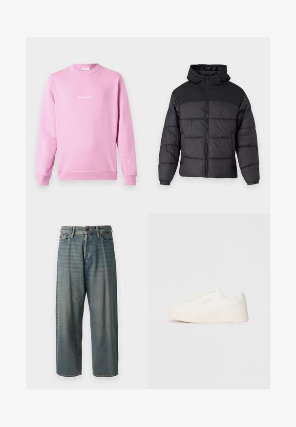 Fekete puffernadrág kapucnival, elöl cipzáros, rugalmas mandzsettákkal és steppelt dizájnnal. A felső része sima anyagból készült.; Rózsaszín pamut keverék pulóver, hosszú ujjú, kerek nyakkivágással. Az elején fehér, írott logó található.; Világoskék farmernadrág, laza fazonnal, közepes derékbőséggel és egyenes szárral. Öt zsebet, övbucskát és gombos záródást tartalmaz.; Fehér slip-on sportcipők texturált felülettel, vastag talppal és minimalista dizájnnal. Az oldalon a márka logója található.