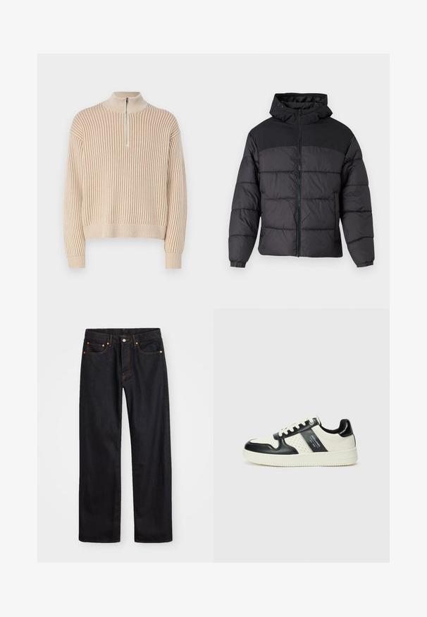 Black puffer jacket with a hood, featuring a zip front, elastic cuffs, and a quilted design. Upper section is smooth fabric.; Beige ribbed sweater with a high neck and a short zippered front. Features long sleeves and a relaxed fit. Textured knit pattern throughout.; Men’s straight-leg black denim jeans with five pockets and orange stitching, button and zip closure on front waistband.; Leather sneakers with a black and cream color scheme, featuring perforated accents, a padded collar, and a textured outsole.