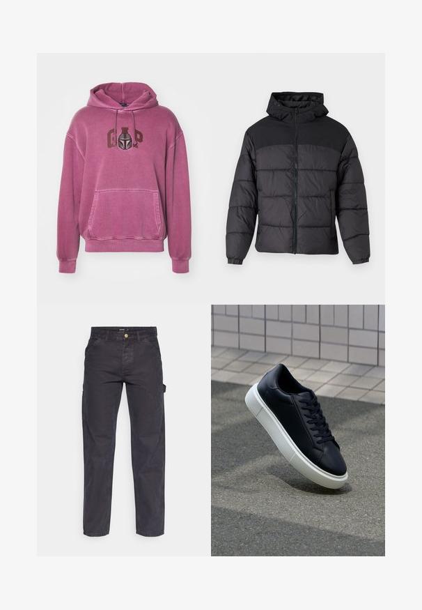 Giacca a vento nera con cappuccio, dotata di chiusura zip frontale, polsini elastici e un design trapuntato. La parte superiore è in tessuto liscio.; GAP Felpa con cappuccio - red; Pantaloni cargo grigio scuro realizzati in tessuto resistente, con un taglio dritto, cinque tasche e chiusura a bottoni in vita.; Sneaker in pelle nera con punta arrotondata e suola in gomma bianca. Presenta lacci piatti e cuciture minime sulla parte superiore. Suola testurizzata per una migliore aderenza.