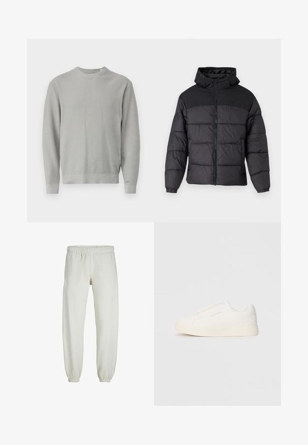 Chaqueta acolchada negra con capucha, con cierre de cremallera en la parte delantera, puños elásticos y un diseño acolchado. La parte superior es de tejido liso.; Suéter de punto gris claro con escote redondo, mangas largas, puños acanalados y dobladillo. Tejido texturizado con un patrón uniforme en toda su extensión.; Pantalones de chándal blancos hechos de una tela suave, con cinturilla y puños elásticos, que presentan una textura suave y un diseño holgado.; Zapatillas blancas tipo slip-on con una superficie texturizada, suela gruesa y diseño minimalista. Presenta el logo de la marca en un lado.