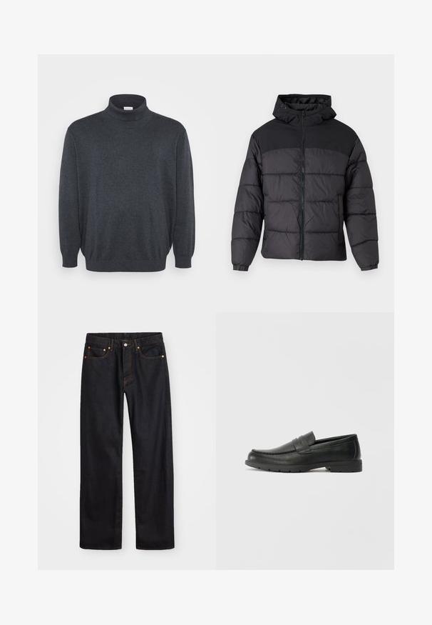 Sort pufferjakke med hætte, med lynlåslukning, elastiske manchetter og en quilted design. Øverste sektion er lavet af glat stof.; Jack & Jones JJEBASIC ROLL NECK - Striktrøje - dark grey melange; Mænds lige ben sorte denim jeans med fem lommer og orange syninger, knap- og lynlåslukning foran på taljen.; Sorte læderslippers med en glat finish, mokkasin-stil overdel, syninger og gummisål. Klassisk design med en lav hæl.