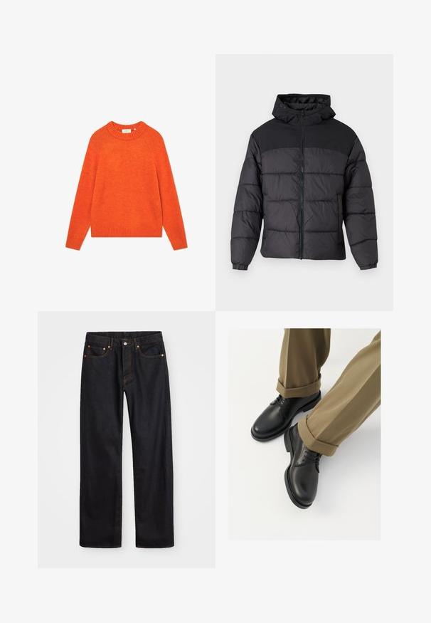 Giacca a vento nera con cappuccio, dotata di chiusura zip frontale, polsini elastici e un design trapuntato. La parte superiore è in tessuto liscio.; Maglione arancione in morbido tessuto, con scollo e orlo a costine, maniche lunghe e vestibilità rilassata. Nessun motivo o decorazione.; Jeans neri in denim dritto da uomo con cinque tasche e cuciture arancioni, chiusura con bottone e zip sulla vita anteriore.; Scarpe da uomo in pelle nera con una finitura liscia, dotate di lacci e punta arrotondata, abbinate a pantaloni khaki arrotolati.