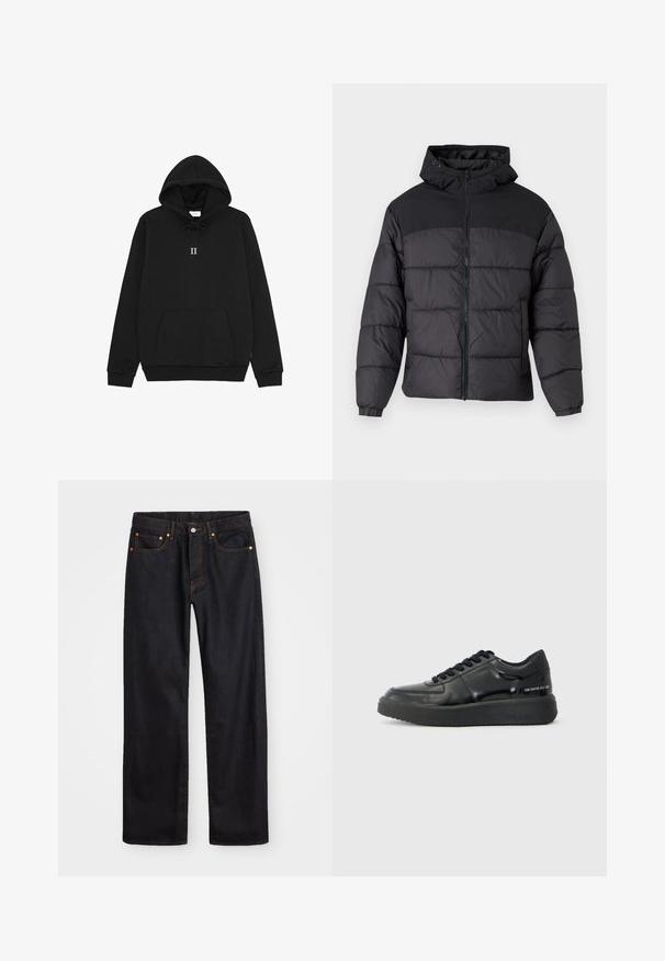 Zwarte pufferjack met een capuchon, voorzien van een rits aan de voorkant, elastische manchetten en een gequilt ontwerp. Het bovenste gedeelte is van gladde stof.; Zwarte hoodie van zachte stof, met een trekkoordcapuchon, een voorkangoeroezak en een kleine "II" grafische afbeelding op de borst.; Heren straight-leg zwarte denim jeans met vijf zakken en oranje stiksels, knoop- en ritssluiting op de voorkant van de tailleband.; Zwarte leren sneakers met een gladde afwerking, ronde neus en contrasterende zwarte rubberen zool. Voorzien van platte veters en merkbranding aan de zijkant.
