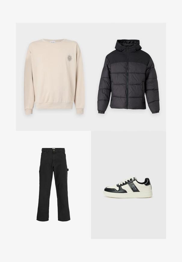 Black puffer jacket with a hood, featuring a zip front, elastic cuffs, and a quilted design. Upper section is smooth fabric.; Beige sweatshirt made of soft fabric, featuring a crew neck, long sleeves, and a small sun graphic on the left chest.; Black cargo pants in cotton blend fabric. Features wide legs, front slant pockets, and a side pocket with a loop for accessories.; Leather sneakers with a black and cream color scheme, featuring perforated accents, a padded collar, and a textured outsole.