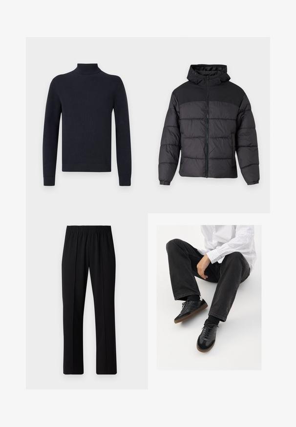 Svart puffjakke med hette, med glidelås foran, elastiske mansjetter og quiltet design. Øvre del har glatt stoff.; Marineblå genser med høy hals laget av ribbestrikket materiale, med lange ermer og tettsittende mansjetter og et rent, enkelt design.; Svart, elastisk midjebukser med rett ben-design, med en glatt tekstur og uten synlige mønstre eller maskinvare.; Svarte joggesko med en glatt og teksturert overflate, med gummisåle og mørke snører. Kombinert med svarte jeans og en hvit stripet skjorte.
